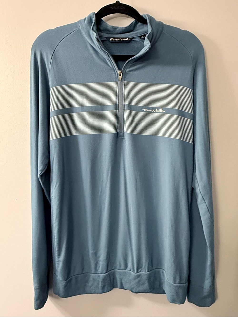 Travis Mathew Men's Light Blue Quarter-Zip Pullover with White Stripe